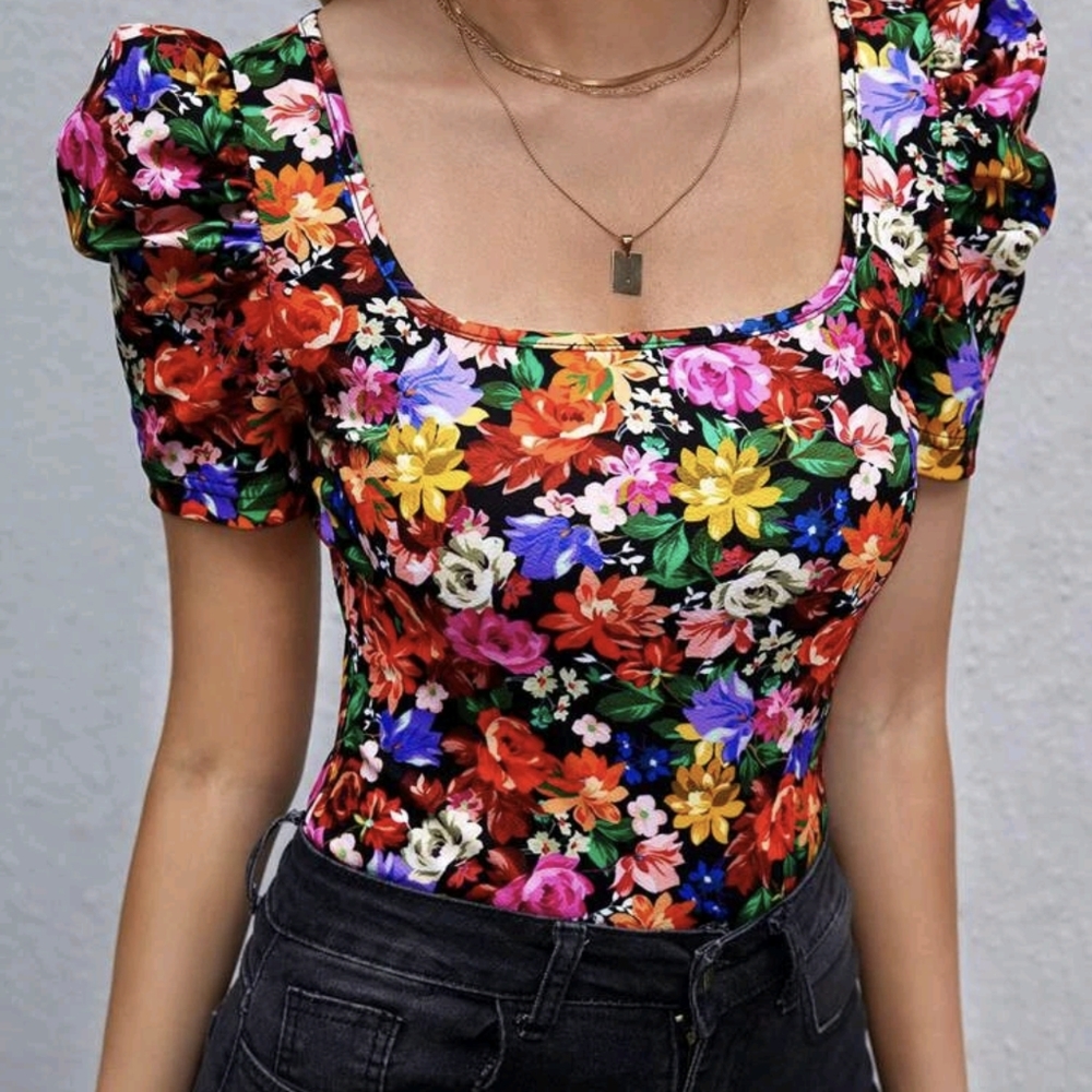 NEW Floral Casual Multicolor Puff Sleeves Summer Spring Top size L